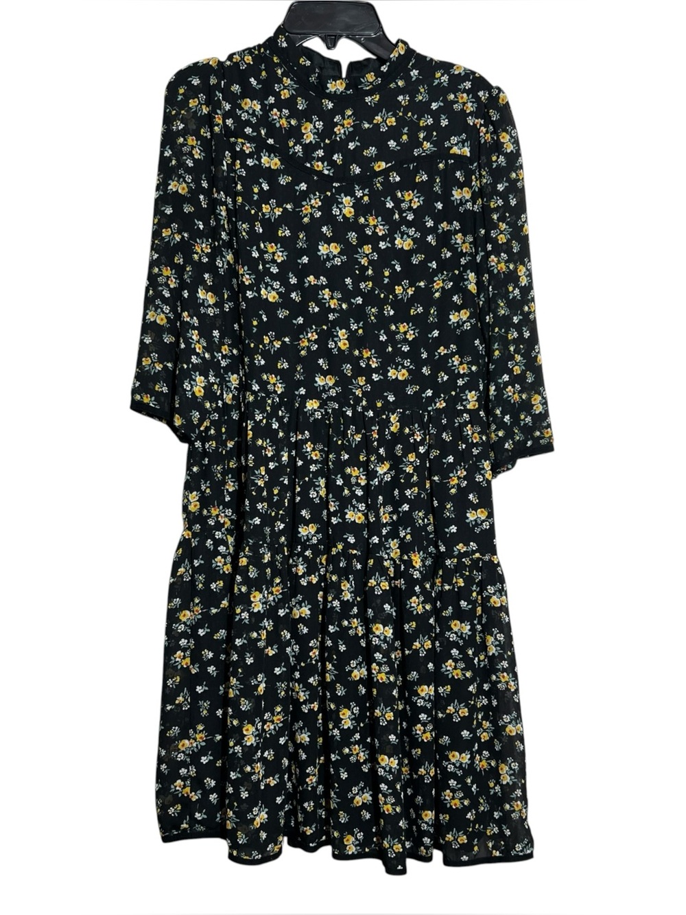 Roolee Dress Black Yellow Floral Womens Size Small Semi Sheer Half Sleeve